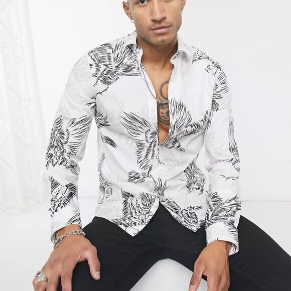 Twisted tailor mens button up 4x skinny collared shirt crows in white NWT - Picture 1 of 10